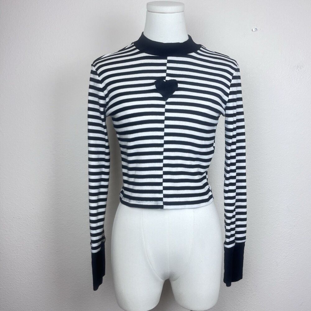 Hot Topic Shirt Juniors Medium Striped Heart Mock Neck Goth Punk Black White